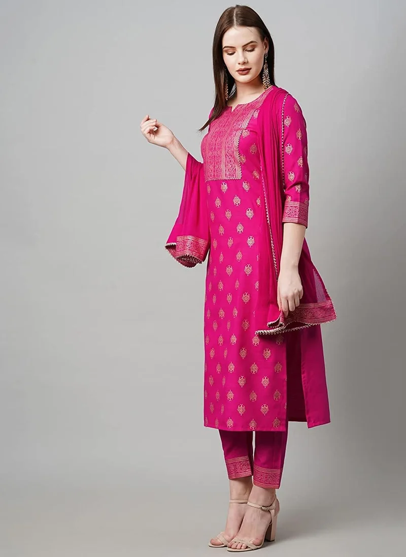 جو سريكي كورتا قطنية مستقيمة من GoSriKi مع بنطال ودوباتا (KPTD-COT-10132-Pink_M-GS_Pink_Medium)